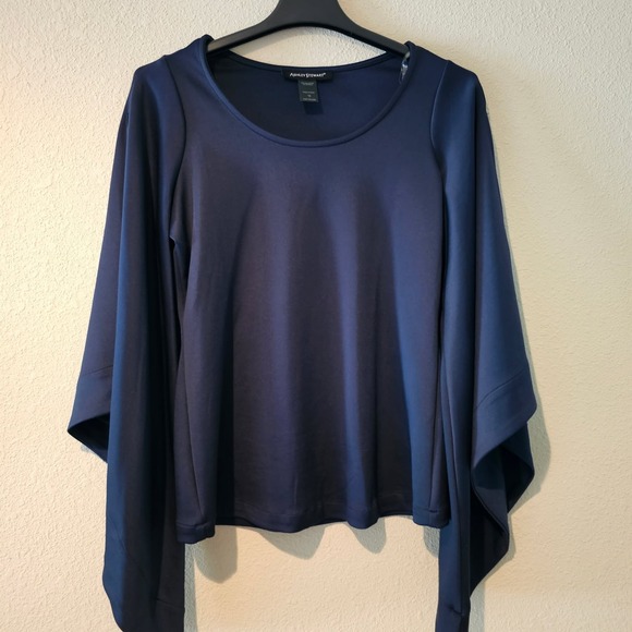 ASHLEY STEWART Dramatic Bell Sleeve Stretch Top Size 12 Navy Blue Color - Picture 1 of 3